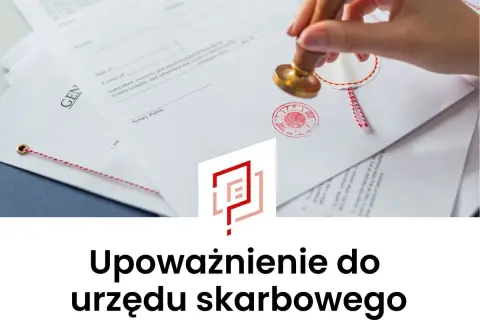 Pieczęć urzędowa na dokumencie, symbolizująca pełnomocnictwo ogólne do urzędu skarbowego.