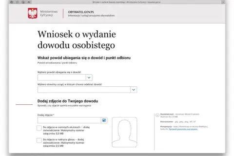 Formularz wniosku o nowy dowód osobisty. Wybierz powód, urząd odbioru i dodaj zdjęcie.
