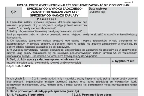 Formularz sprzeciwu od nakazu zapłaty lub wyroku zaocznego. Instrukcja wypełniania i dane sądu.