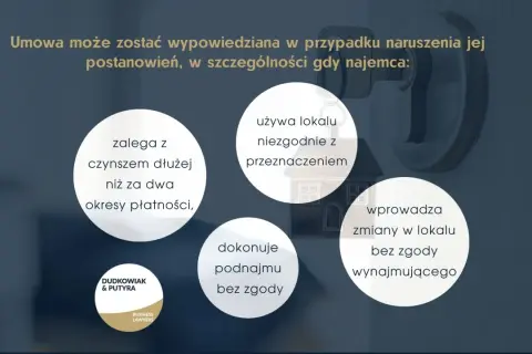 Umowa może zostać wypowiedziana, gdy najemca zalega z czynszem, używa lokalu niezgodnie z przeznaczeniem, dokonuje podnajmu lub wprowadza zmiany bez zgody wynajmującego.
