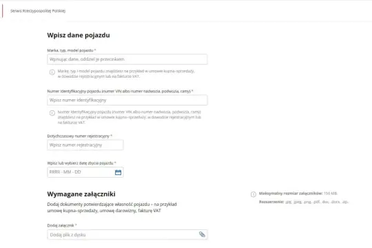 Formularz do zgłoszenia zbycia pojazdu, wymaga podania danych pojazdu, numeru VIN, dotychczasowego numeru rejestracyjnego i daty zbycia. Możliwość dodania załączników w formacie PDF.