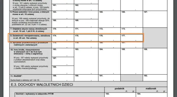 Wiersz 8 formularza PIT dotyczy działalności nierejestrowanej 2026.