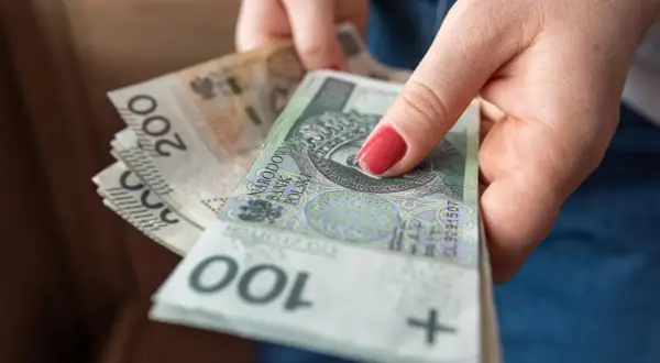 Dłonie trzymają stos polskich banknotów 100 i 200 zł. Czas na przelew podatkowy.