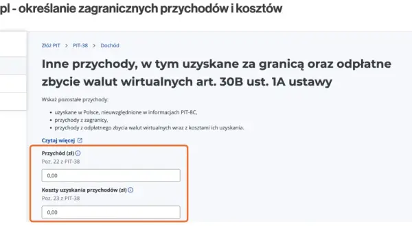 Formularz PIT-38, sekcja "Inne przychody", z polami na przychód i koszty uzyskania przychodów (zł).