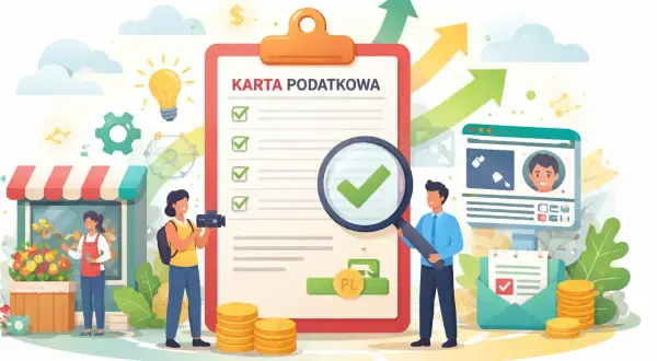 Karta podatkowa z zaznaczonymi punktami, lupa, monety i rosnące strzałki symbolizują sukces w biznesie.