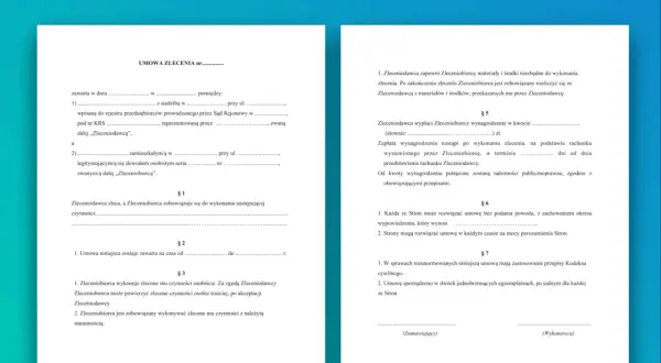 Umowa zlecenie z okresem wypowiedzenia. Dokument zawiera klauzule dotyczące rozwiązania umowy, wynagrodzenia i obowiązków stron.
