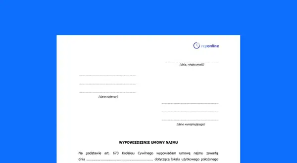 Formularz wypowiedzenie umowy najmu. Dokument zawiera pola na dane najemcy, wynajmującego, datę i miejscowość.