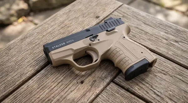 Beżowa broń pneumatyczna Stalker M906 leży na drewnianym stole.