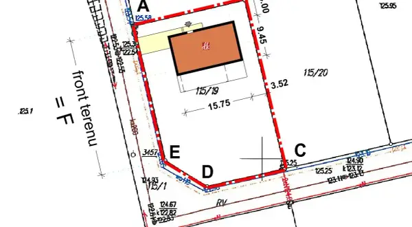 Plan działki z zaznaczonym budynkiem i wymiarami, określający warunki zabudowy.