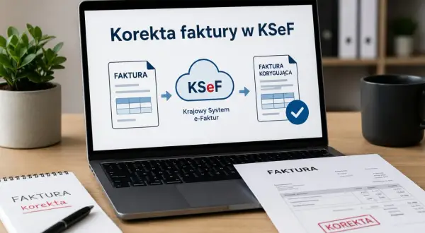 Diagram na ekranie laptopa pokazuje proces korekty faktury w KSeF. Obok leży notatnik z napisem "FAKTURA korekta" i wydrukowana faktura z pieczątką "KOREKTA".
