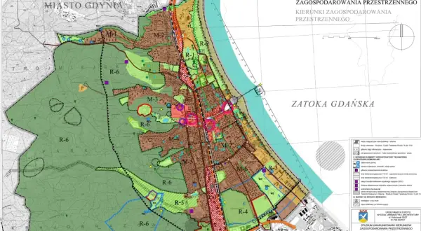 Plan zagospodarowania przestrzennego dla Sopotu, pokazujący tereny zielone (R-6), zabudowę (M) i infrastrukturę.