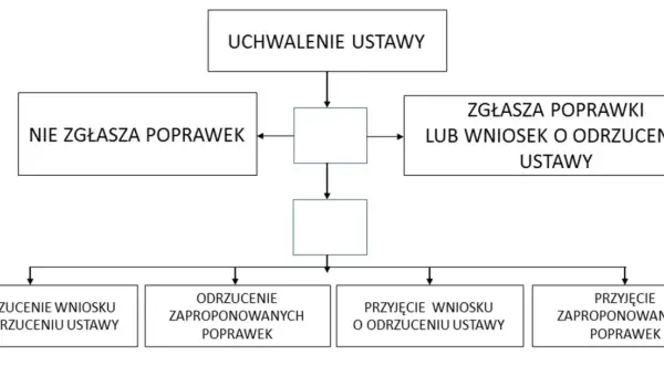 Schemat procesu legislacyjnego, gdzie władza ustawodawcza decyduje o uchwaleniu ustawy, zgłaszaniu poprawek lub wniosku o odrzucenie.