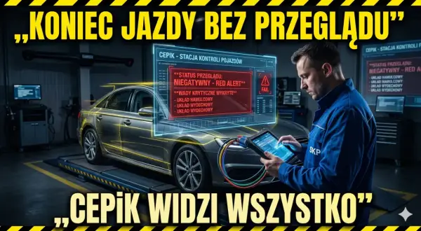 Mechanik sprawdza auto na stacji diagnostycznej. Na ekranie widnieje komunikat o negatywnym statusie przeglądu i wykrytych wadach, sugerując, że CEPiK widzi wszystko.