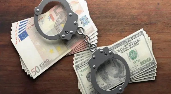 Kajdanki na stosach euro i dolarów. Historia o tym, jak pieniądze mogą prowadzić do kłopotów, zgodnie z art. 286 kk.