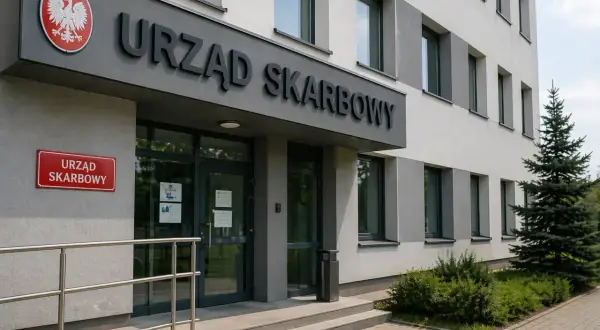 Wejście do Urzędu Skarbowego. Budynek z szarym napisem "URZĄD SKARBOWY" i godłem Polski. Obok drzewo i krzewy.