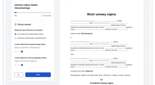 Formularz tworzenia umowy najmu lokalu mieszkalnego. Wpisujesz dane wynajmującego i najemcy.