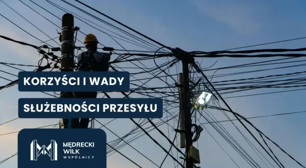 Pracownik przy plątaninie kabli na słupie, nad nim napis "Korzyści i wady służebności przesyłu".
