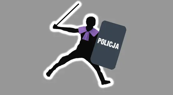 Sylwetka policjanta z tarczą i pałką, gotowa do akcji. Czy otrzyma mandat za swoje działania?