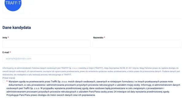 Formularz rekrutacyjny TRAFFIT. Pola na imię, nazwisko, e-mail. Klauzula CV zgoda na przetwarzanie danych osobowych.