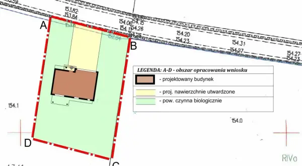 Fragment miejscowego planu zagospodarowania przestrzennego z zaznaczonym projektowanym budynkiem, nawierzchniami utwardzonymi i powierzchnią czynną biologiczną.