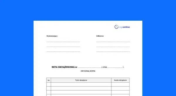 Formularz nota obciążeniowa z polami do wypełnienia dla wystawcy, odbiorcy, tytułu i kwoty obciążenia.