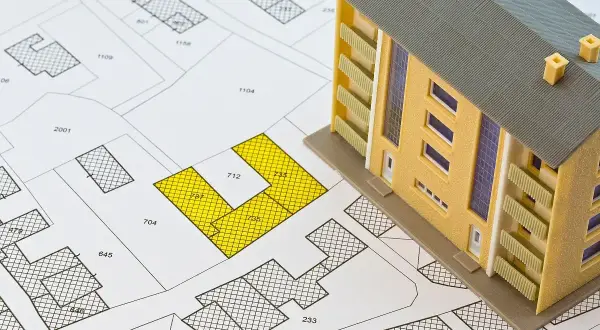 Model budynku mieszkalnego na mapie działek. Żółte pola mogą symbolizować problemy prawne lub przyszłą eksmisję.