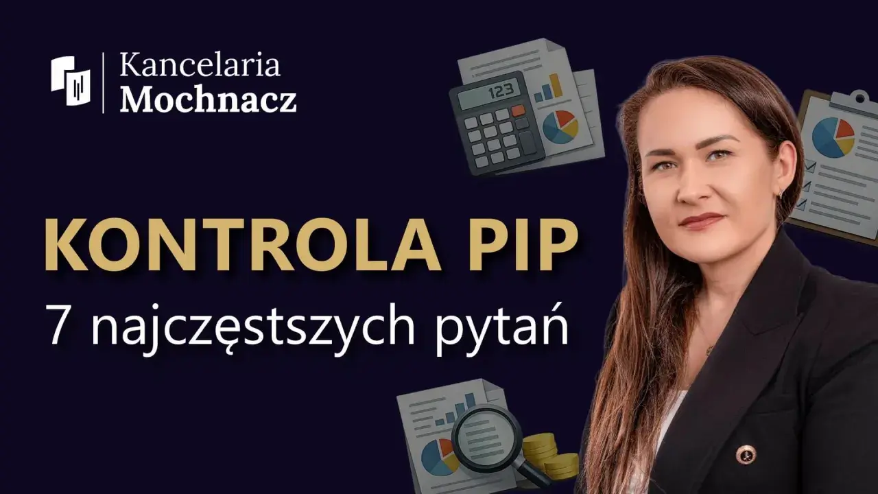 Kobieta w garniturze i grafiki z kalkulatorem, wykresami i monetami. Temat: Kontrola PIP. Poradnik dla firm.
