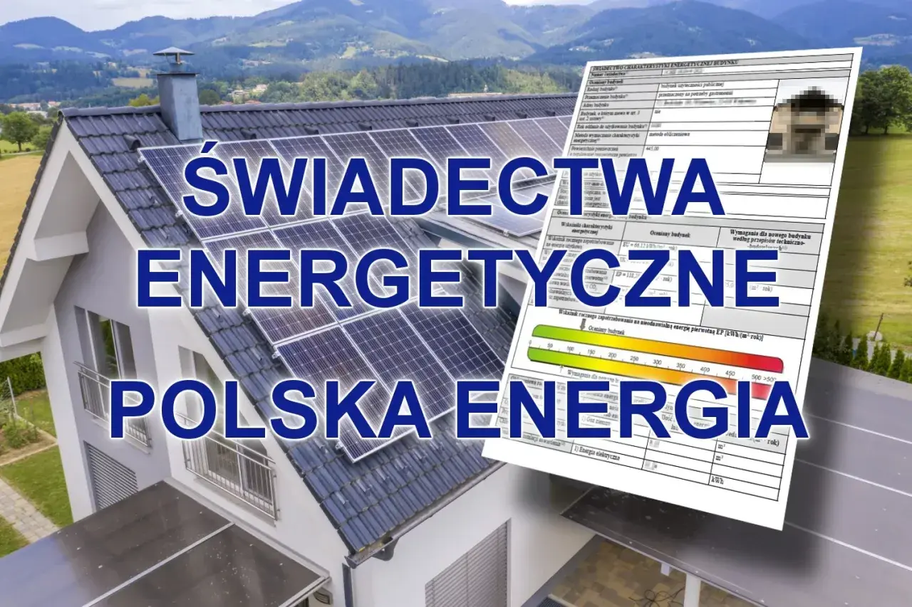Świadectwo energetyczne mieszkania z panelami słonecznymi na dachu. Dokument potwierdza efektywność energetyczną budynku.