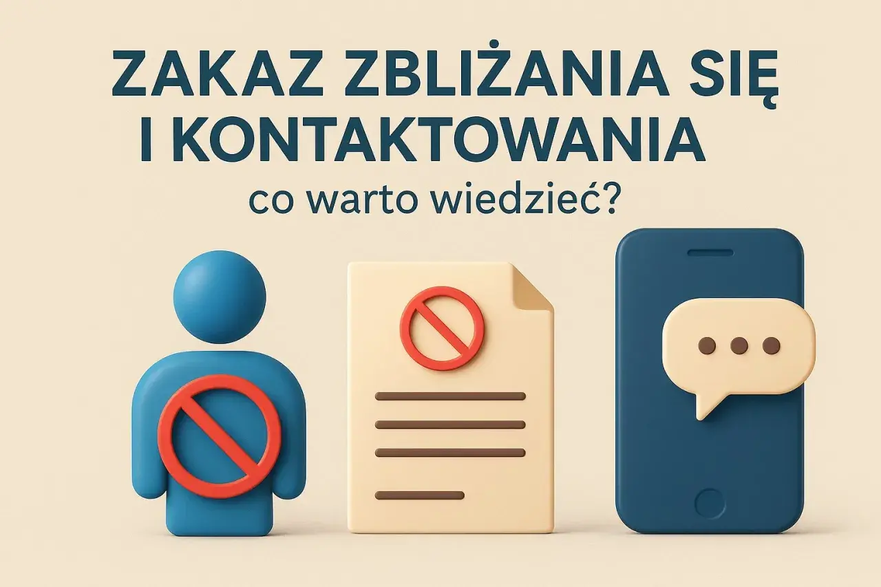 Zakaz zbliżania się i kontaktowania. Ikony: człowiek, dokument, telefon.