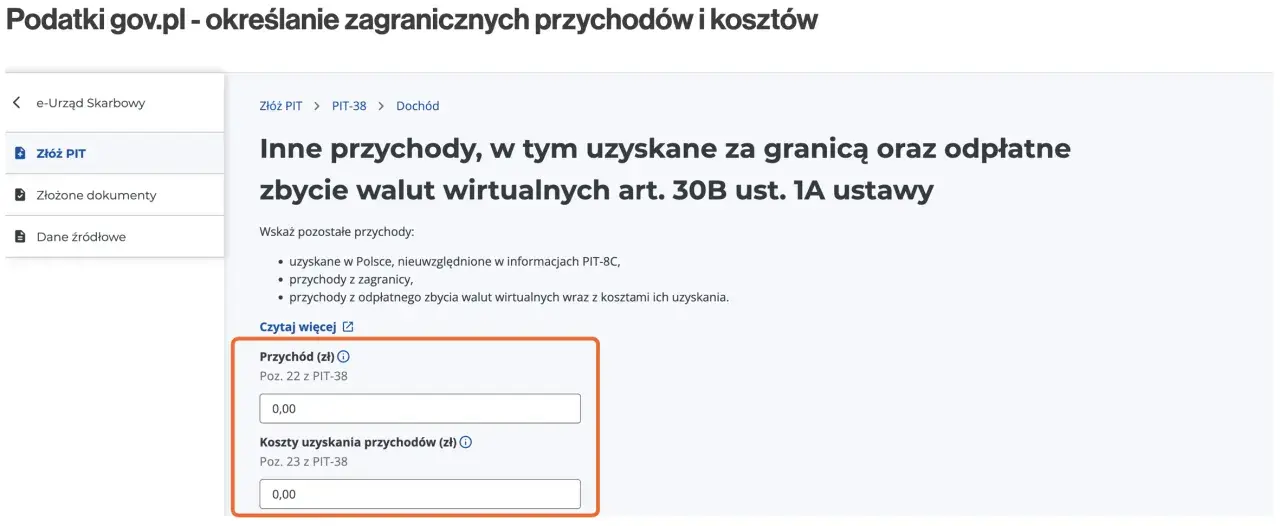 Formularz PIT-38, sekcja "Inne przychody", z polami na przychód i koszty uzyskania przychodów (zł).