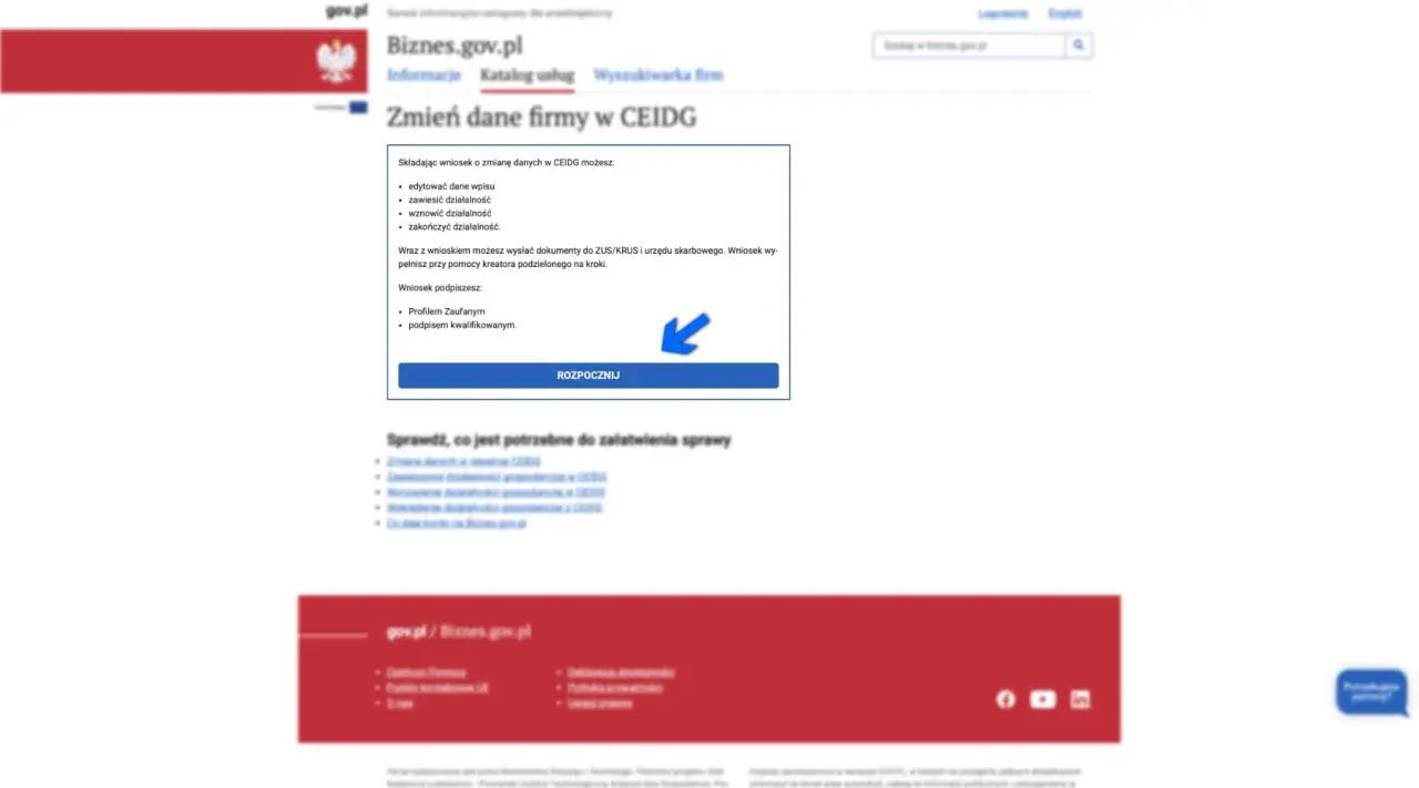 Zmiana danych w CEIDG: edytuj, zawieś, wznow lub zakończ działalność. Wniosek podpiszesz Profilem Zaufanym lub podpisem kwalifikowanym. Rozpocznij.