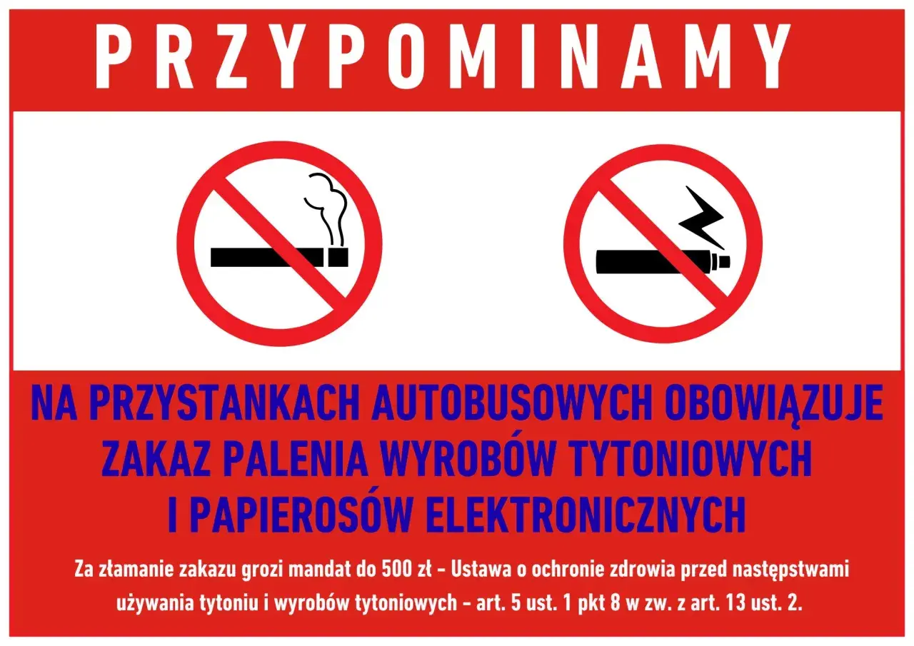 Przypominamy: na przystankach autobusowych obowiązuje zakaz palenia wyrobów tytoniowych i papierosów elektronicznych. Grozi mandat.