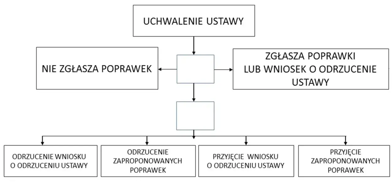 Schemat procesu legislacyjnego, gdzie władza ustawodawcza decyduje o uchwaleniu ustawy, zgłaszaniu poprawek lub wniosku o odrzucenie.