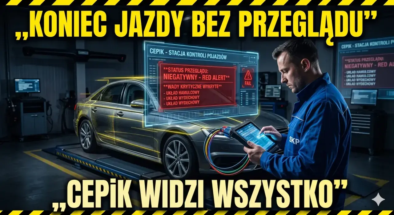 Mechanik sprawdza auto na stacji diagnostycznej. Na ekranie widnieje komunikat o negatywnym statusie przeglądu i wykrytych wadach, sugerując, że CEPiK widzi wszystko.