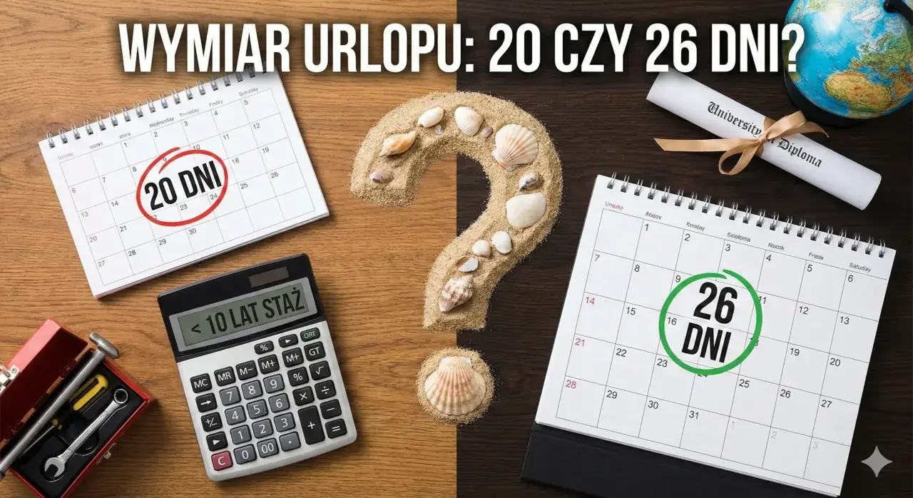 Kalkulator, kalendarze z zaznaczonymi 20 i 26 dniami urlopu, dyplom i piasek z muszlami. Ile dni urlopu przysługuje?