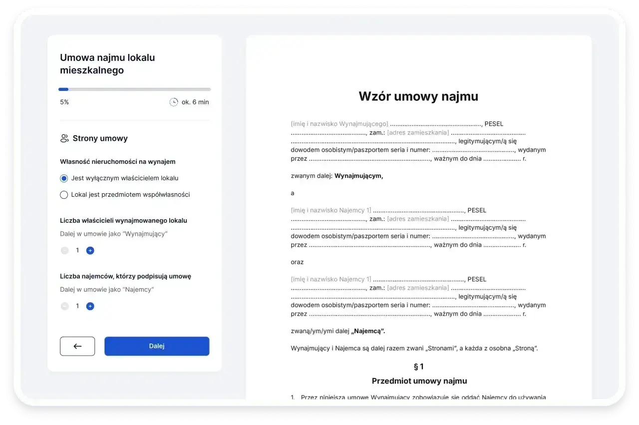 Formularz tworzenia umowy najmu lokalu mieszkalnego. Wpisujesz dane wynajmującego i najemcy.