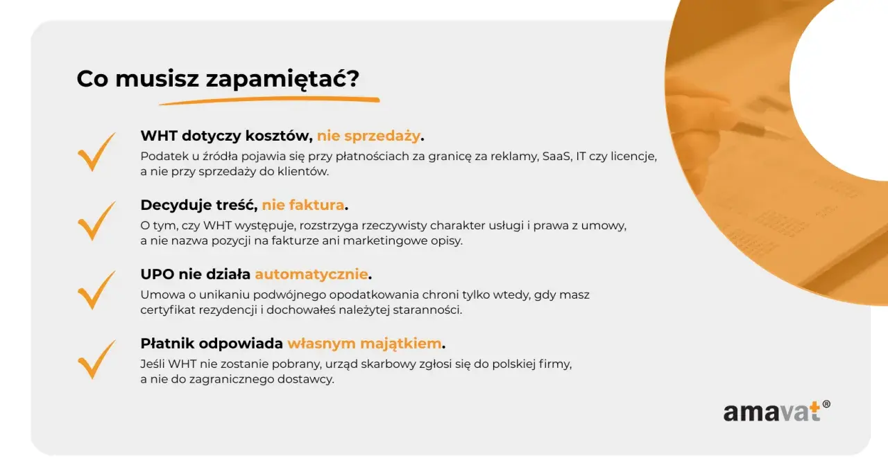 Podatek u źródła (WHT) dotyczy kosztów, nie sprzedaży. Kluczowa jest treść umowy, nie faktury. UPO nie działa automatycznie. Płatnik odpowiada własnym majątkiem.