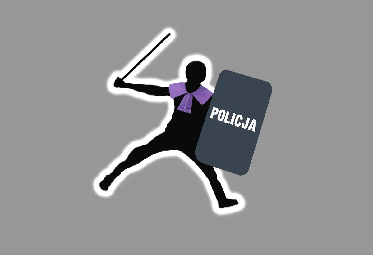 Sylwetka policjanta z tarczą i pałką, gotowa do akcji. Czy otrzyma mandat za swoje działania?