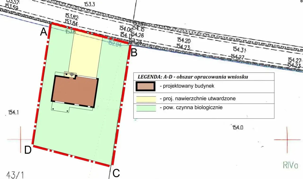 Fragment miejscowego planu zagospodarowania przestrzennego z zaznaczonym projektowanym budynkiem, nawierzchniami utwardzonymi i powierzchnią czynną biologiczną.