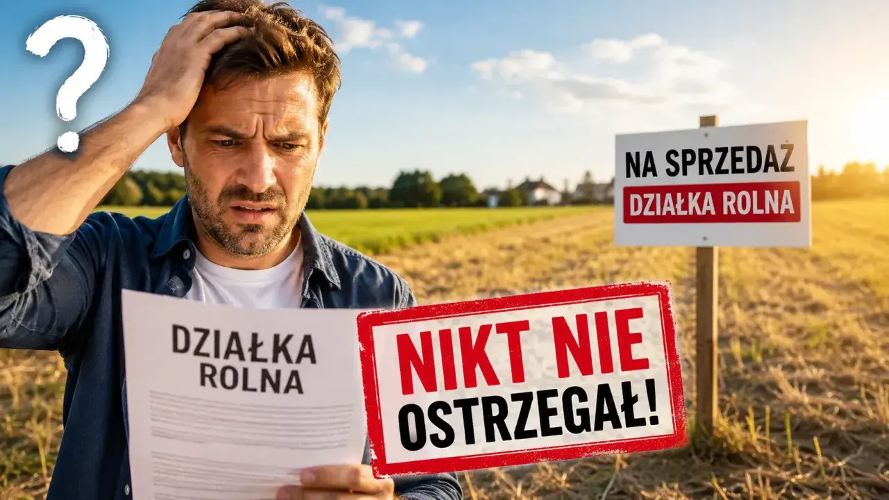 Zdezorientowany mężczyzna trzyma dokument "Działka rolna" obok znaku "NA SPRZEDAŻ DZIAŁKA ROLNA".