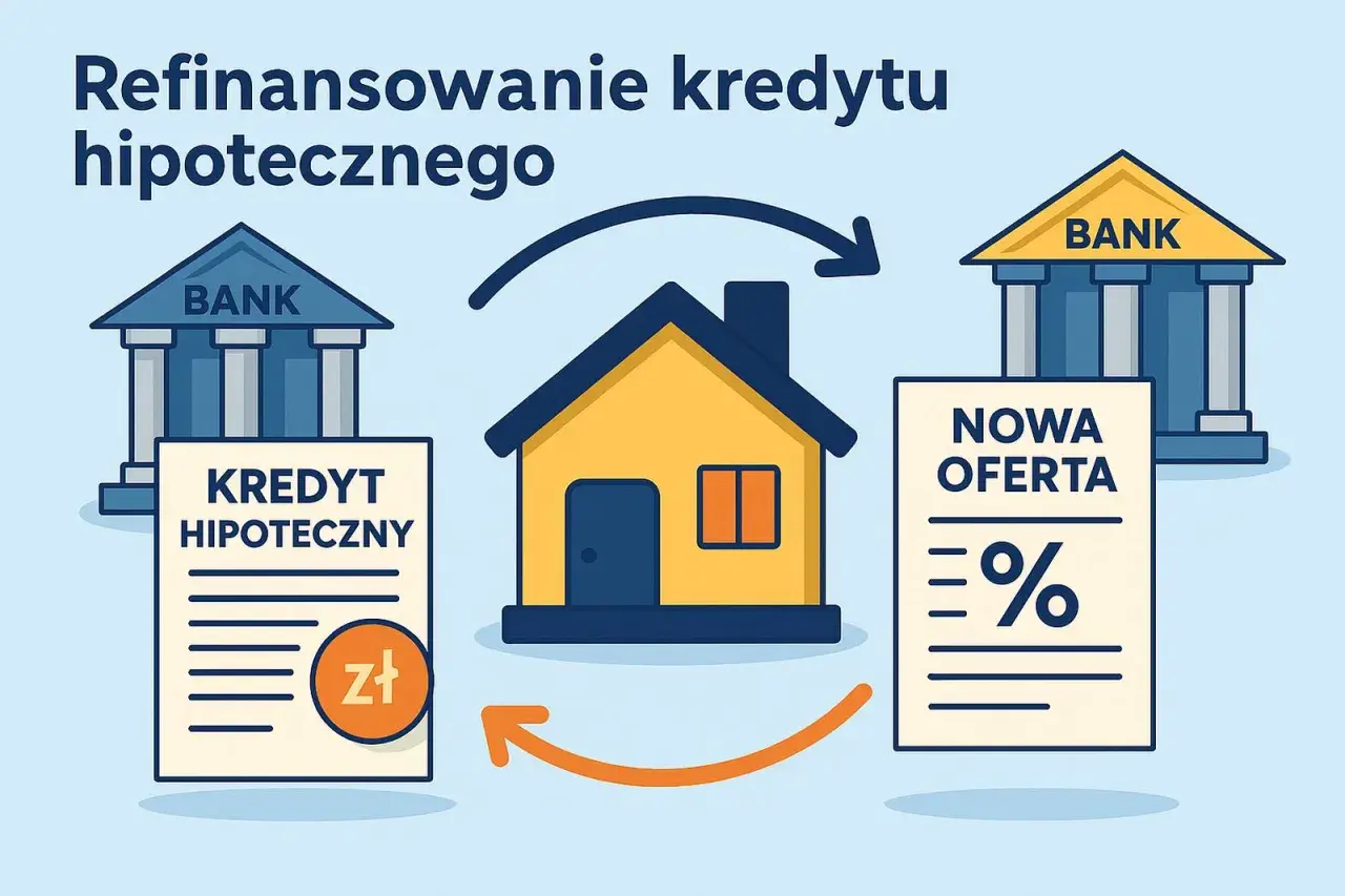 Ilustracja pokazuje przeniesienie kredytu hipotecznego. Dom symbolizuje właściciela, który przenosi kredyt z jednego banku do drugiego, szukając lepszej oferty.