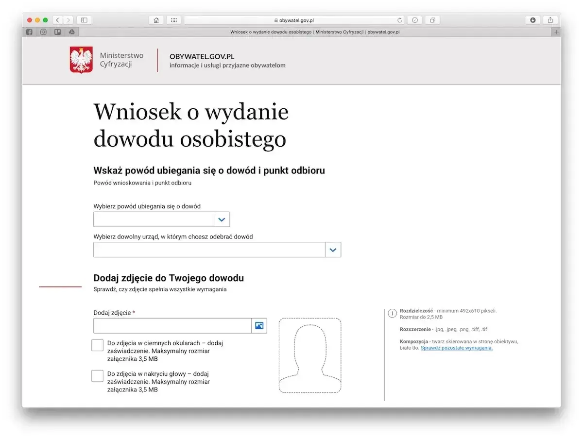 Formularz wniosku o nowy dowód osobisty. Wybierz powód, urząd odbioru i dodaj zdjęcie.