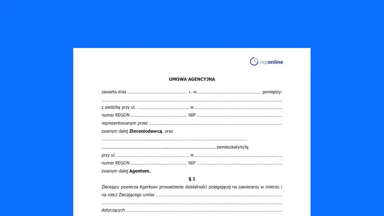 Umowa agencyjna: dane Zleceniodawcy i Agenta, powierzenie prowadzenia działalności.