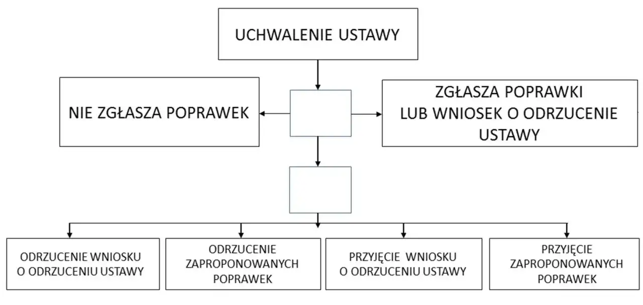 Schemat procesu legislacyjnego, gdzie władza ustawodawcza decyduje o uchwaleniu ustawy, zgłaszaniu poprawek lub wniosku o odrzucenie.