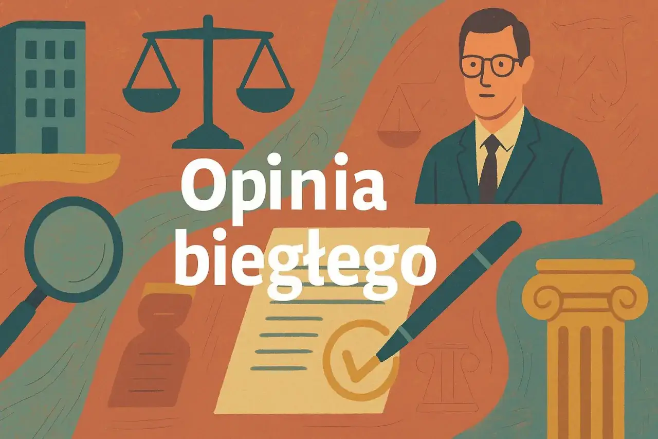 Grafika przedstawia elementy związane z prawem i ekspertyzą: budynek, wagę sprawiedliwości, lupę, dokument z podpisem, pióro, kolumnę i postać mężczyzny w garniturze. Tekst