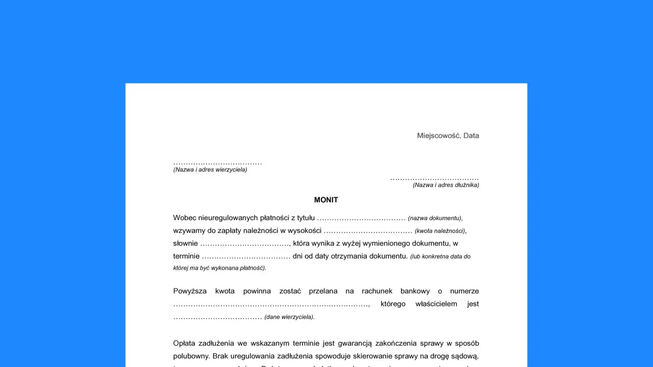 Wezwanie do zapłaty należności. Dokument zawiera dane wierzyciela i dłużnika, kwotę zadłużenia oraz termin płatności.