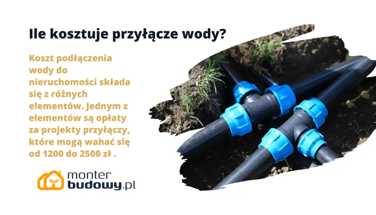 System przyłączy wody z niebieskimi złączkami, gotowy do montażu. Koszt przyłącza wody może się wahać.