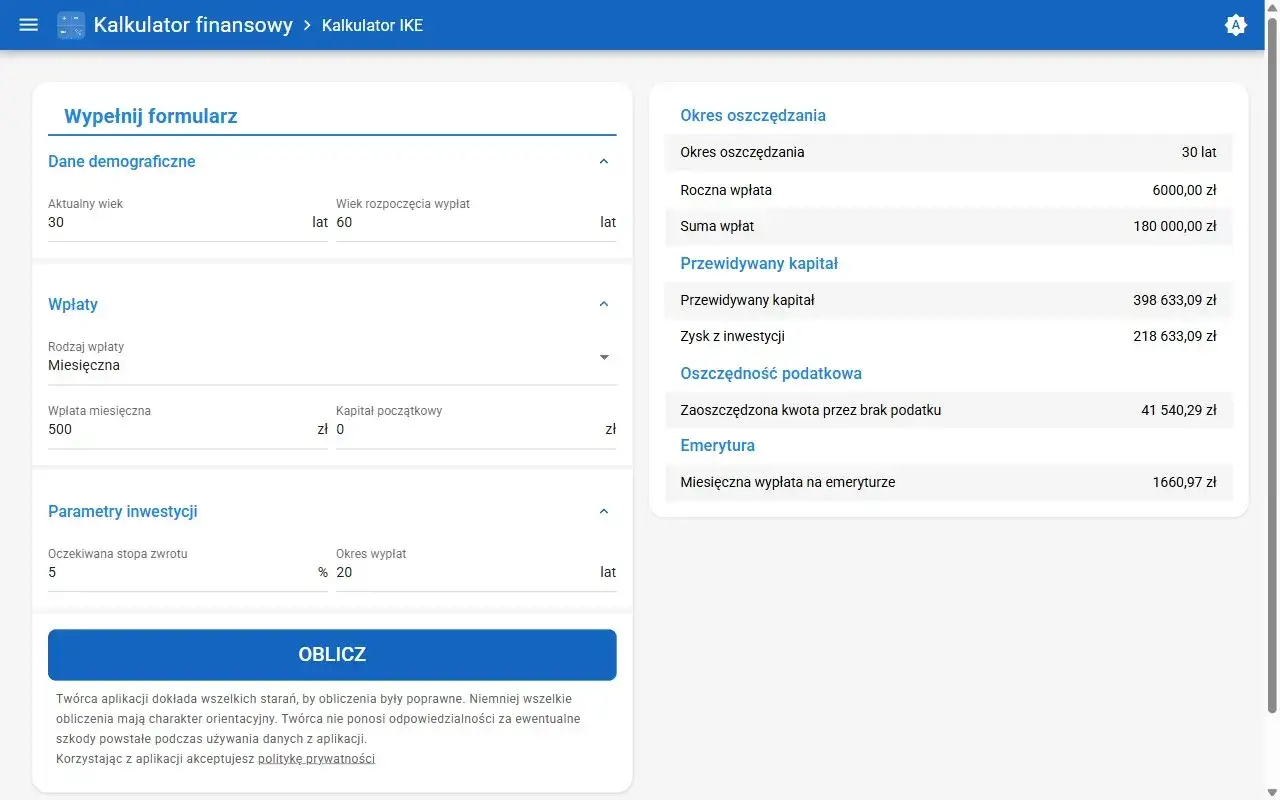 Kalkulator IKE: dane demograficzne, wpłaty, parametry inwestycji, przewidywany kapitał i emerytura. Symulacja oszczędzania, jakby to były ike obligacje.