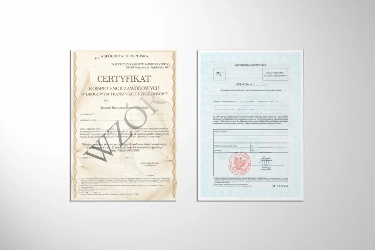 Certyfikat kompetencji zawodowych i licencja transportowa dla przewozu rzeczy.