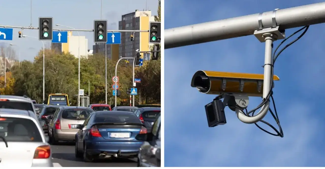 Kamera rejestrująca przejazd na czerwonym świetle czeka na kierowców w korku.